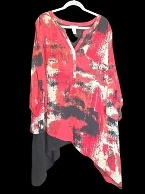 Catherines Red, Black & Cream Abstract Asymmetric Tunic